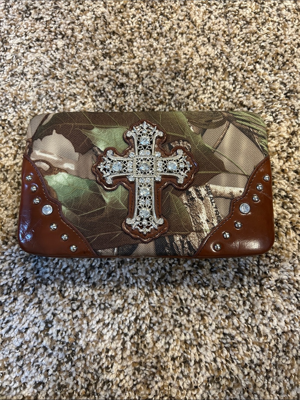 Embellished Cross Camo Wallet in Brown and Green
